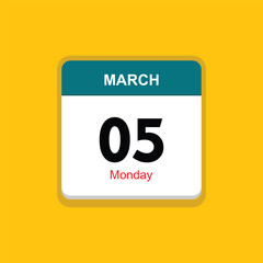 monday 05 march icon with black background, calender icon