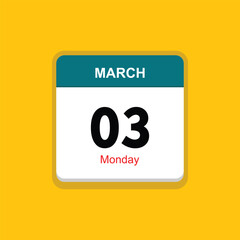 monday 03 march icon with black background, calender icon