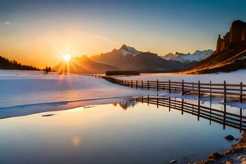  Picturesque landscape, fenced ranch at sunrise