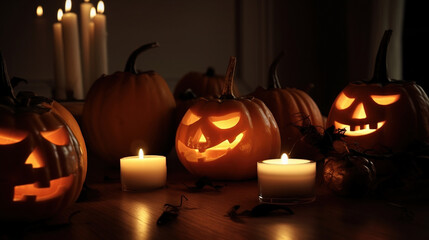 Halloween composition of a burning group of pumpkins with a candle, dark background. AI generated.