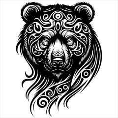 Black bear face, head, tribal style, silhouette, pattern, grizzly, isolated on white background