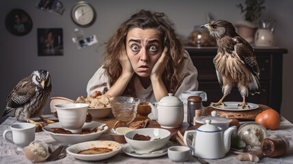 Woman Having Tea with Two Owls on Table. Surreal Tea Party (AI Generated)