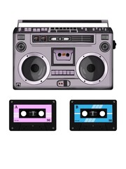 audio cassette isolated on white, radio and tape with cassette in retro style,  listen music from cassette
