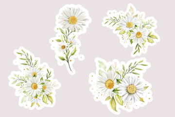 Watercolour daisy bouquet and branch sticker illustration 