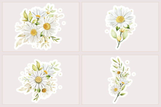 Watercolour daisy bouquet and branch sticker illustration 