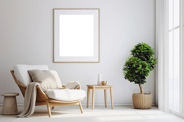 Trendy white living room with white modern decoration, simple home decor. Generative AI