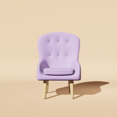 Soft purple armchair with wooden legs on pastel beige background shadow 3D rendering. Empty couch living room furniture demonstration in minimal style Cozy interior design element hotel lobby showcase