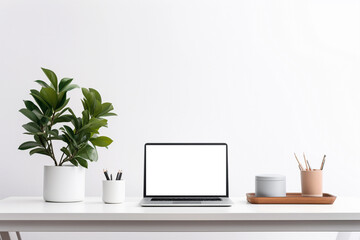 Modern mockup with office desk on white background.	
Generative AI