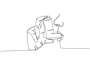 Using inhalers to treat asthma, asthmatics, salbutamol, Asthma inhaler, medical supplies, equipment one line art. Continuous line drawing medication, disposable, tool, inhalation, lung treatment