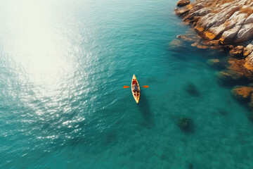 Couple On Kayak On Clear Sea Water, Drone View