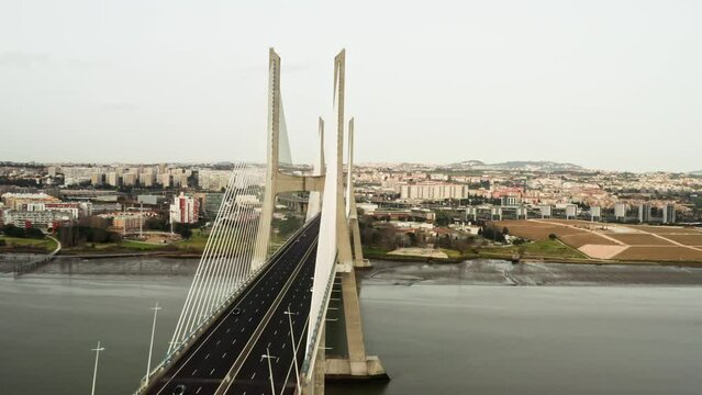 Aerial view of the Vasco da Gama Bridge in Portugal, the longest bridge in Europe, spanning the Tagus River in the eastern part of the city.