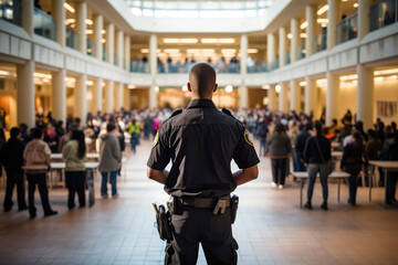 Security Guard In Black Stands With His Back To Schools And Universities