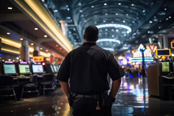 Security Guard In Black Stands With His Back To Casinos