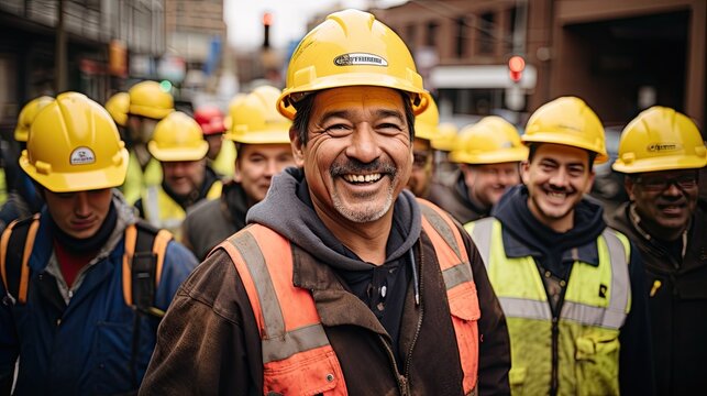 Happy Of Team Construction Worker Working At Construction Site. Man Smiling With Workers In White Construction Industry.