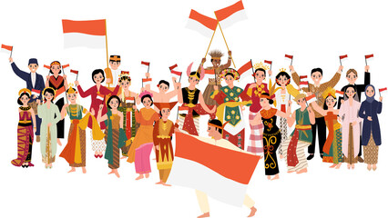 Fototapeta premium group of people holding flag celebrate Indonesian independence day cartoon illustration