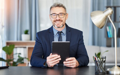 Professional man, glasses and tablet in portrait at a desk for success at office with financial...