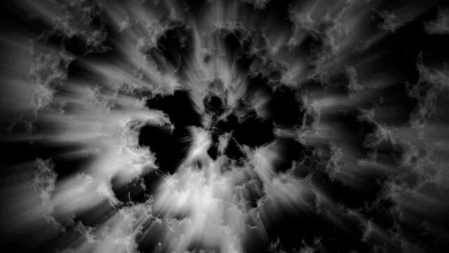 4K abstract billowing clouds in the matte background seamless loop. Monochrome magic beams piercing through cosmic bubbles stock video.