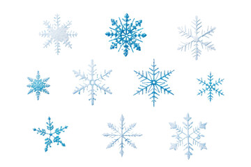 Set of different snowflakes isolated on white background. Macro photo of real snow crystals. Generative AI