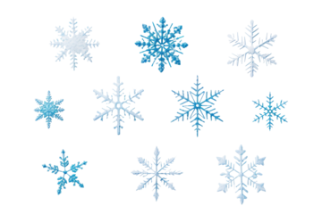 Set of different snowflakes isolated on white background. Macro photo of real snow crystals. Generative AI