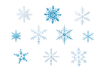 Fotobehang Macrofotografie Set of different snowflakes isolated on white background. Macro photo of real snow crystals. Generative AI