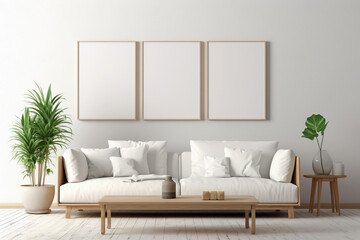 Trendy white living room with modern decoration, simple home decor. Generative AI