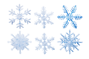 Set of different snowflakes isolated on white background. Macro photo of real snow crystals. Generative AI