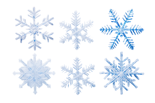 Set of different snowflakes isolated on white background. Macro photo of real snow crystals. Generative AI