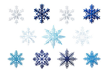 Set of different snowflakes isolated on white background. Macro photo of real snow crystals. Generative AI