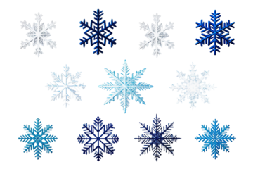Set of different snowflakes isolated on white background. Macro photo of real snow crystals. Generative AI