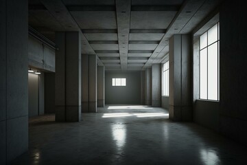 A dark and empty 3D-rendered industrial interior with a concrete floor. Generative AI