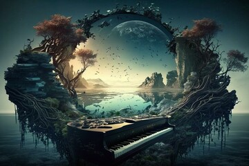 Enchanting piano in a surreal landscape of magic. Generative AI