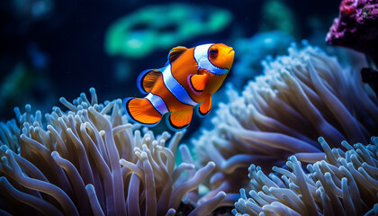 Naklejka na ściany i meble clown fish close up among corals in the ocean made with Generative AI