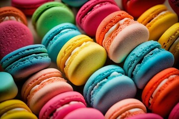A collection of rainbow macarons up close. Generative AI