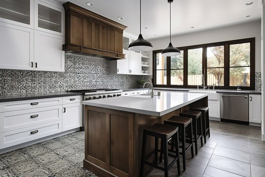 traditional kitchen luxury home, with large island, double ovens, cook top, and open concept floor plan. Generative AI