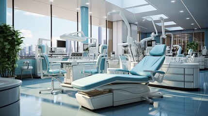 Modern dental clinic, dentist chair and other equipment used by dentists in blue white light, dental surgeons are surgeons who specialize in dentistry and treating oral conditions.