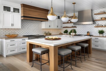 traditional kitchen luxury home, with large island, double ovens, cook top, and open concept floor plan. Generative AI