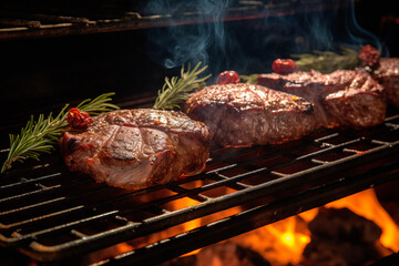 Close up view of beef steaks grilling on a bar b q flame barbeque