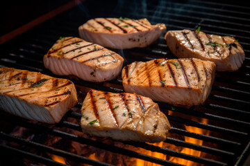 Close up view swordfish steaks cooking on a bar b q barbeque bbq grill with flames licking at the fish