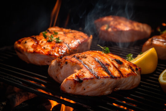 Close up view swordfish steaks cooking on a bar b q barbeque bbq grill with flames licking at the fish