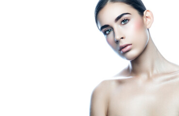 Portrait of young model Balinese woman with perfect skin, looking at camera. Perfect skin. Copy space on white background