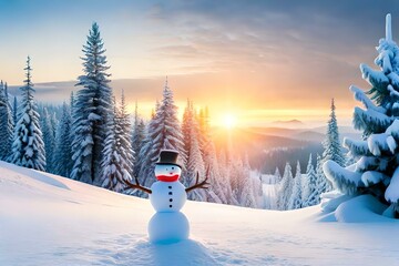  Snowman in a winter Christmas scene with snow, pine trees and warm light