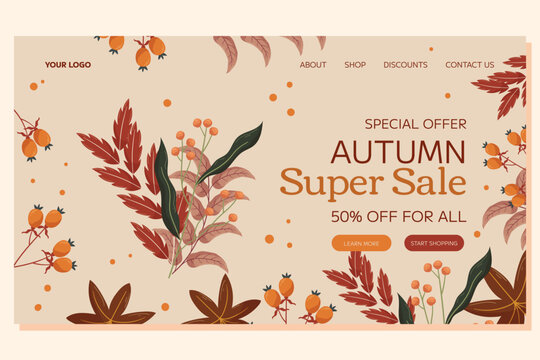 Autumn Super Sale Landing page template event design. maple leaf and orange berry on a twig, red and brown leaves branch. Web page with spicial offer deal for on-line store
