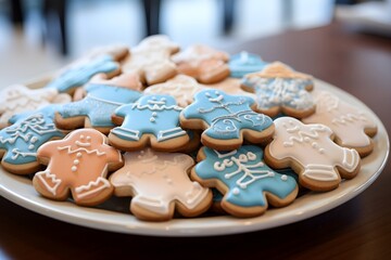 a plate filled with baby-themed cookies at a baby shower. 
The cookies, shaped like onesies, pacifiers, and baby carriages, are a cute addition to the celebration.