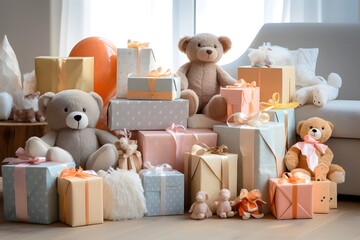 This image showcases a baby shower gift table, filled with wrapped presents in various shapes and sizes, all ready for the expectant parents to open. - obrazy, fototapety, plakaty