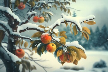 A wintry landscape with fruits and leaves in focus on a tree. Generative AI