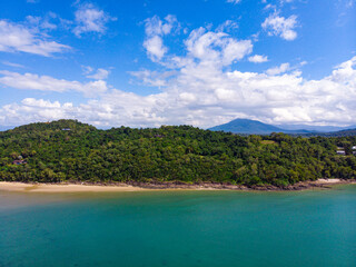 Fototapeta na wymiar aerial drone panorama of beautiful south mission beach, turtle bay, lugger bay, and surrounding islands in tropical north queensland, australia; paradise beaches on the shore of pacific