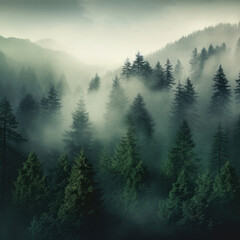 Foggy landscape with spruce forest in hipster vintage retro style