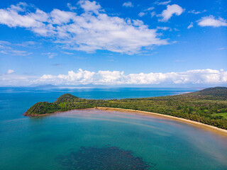 Fototapeta na wymiar aerial drone panorama of beautiful south mission beach, turtle bay, lugger bay, and surrounding islands in tropical north queensland, australia; paradise beaches on the shore of pacific