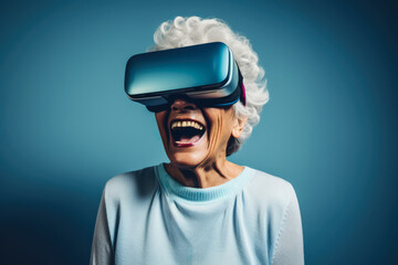 Senior woman exploring different realities through VR googles. Generative AI.