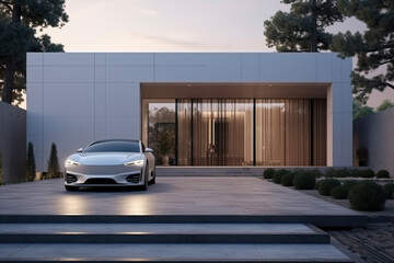 Luxury generic electric car parked outside modern minimalist design house